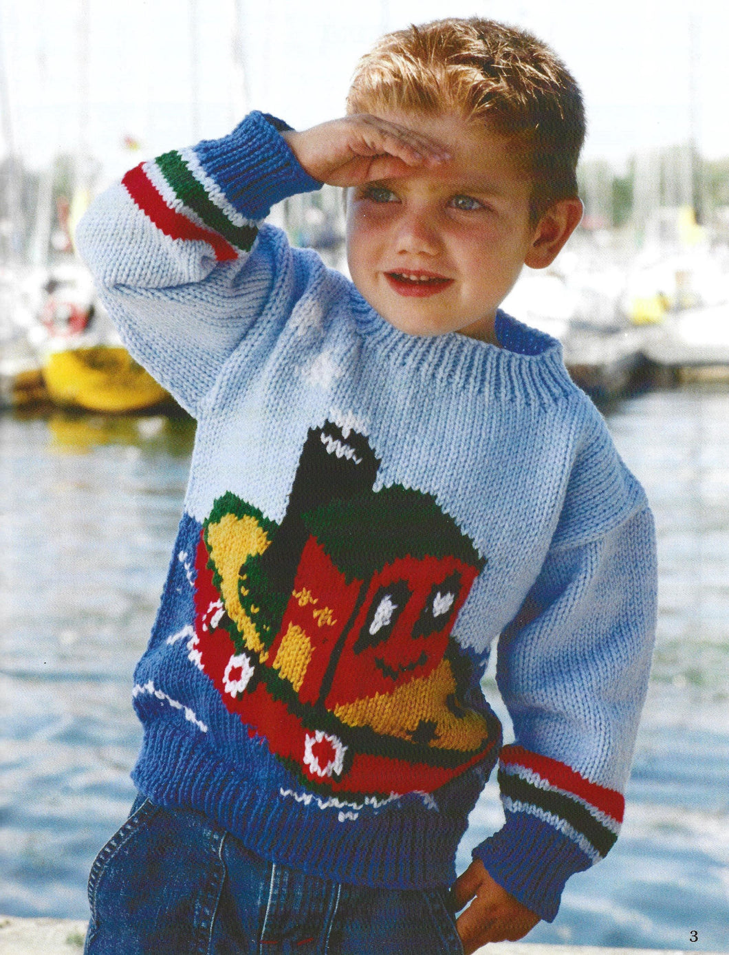 Boys Tugboat Motif Round  Neck Pullover Sweater Jumper 2-6yrs (25-30 cm) Knitting Pattern PDF download Knitted flat from Chart- Worsted