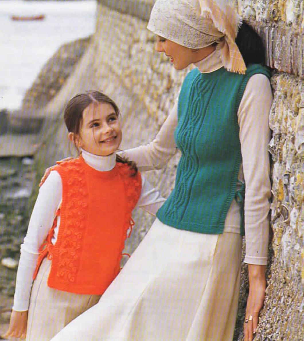 Woman- Girls Tabards Cable Bobble pattern- split Tie Sides 26