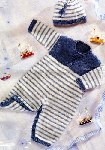 Baby Knit Romper ~ playsuit with hat, button fastening- Birth- 3 years - Vintage Knitting Pattern - DK 8Ply Light Worsted wool PDF Download