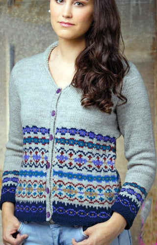 Border Fair isle Ladies Cardigan Knitting Pattern, shawl collar worsted aran 10 ply yarn- chest 32-48