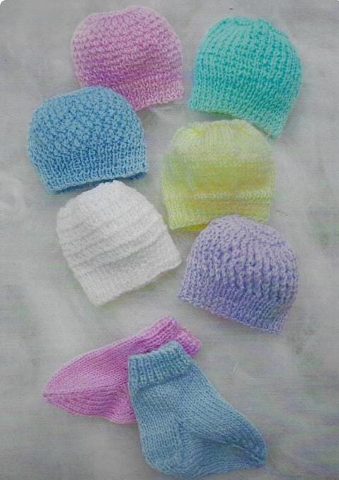 Premature Baby Hats  x 6 Designs & Socks Knitting Pattern- 3 ply Fingering Knitting pattern  PDF  download- Premie baby small baby
