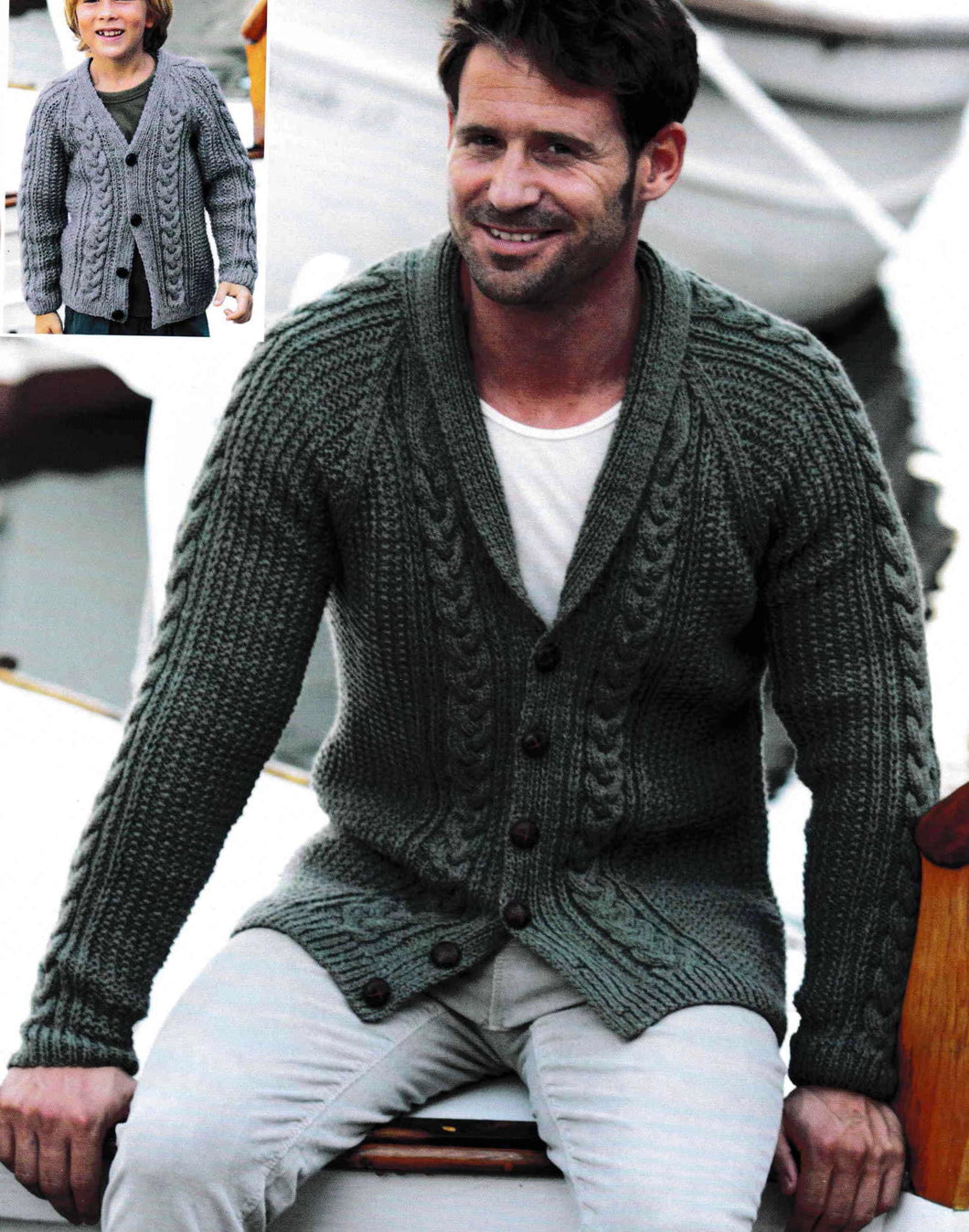 Stylish chunky Aran knit cardigan, shawl collared, Male, 61/66 to 112/117 cm , Aran wool, Ribbed, Vintage knitting pattern PDF download