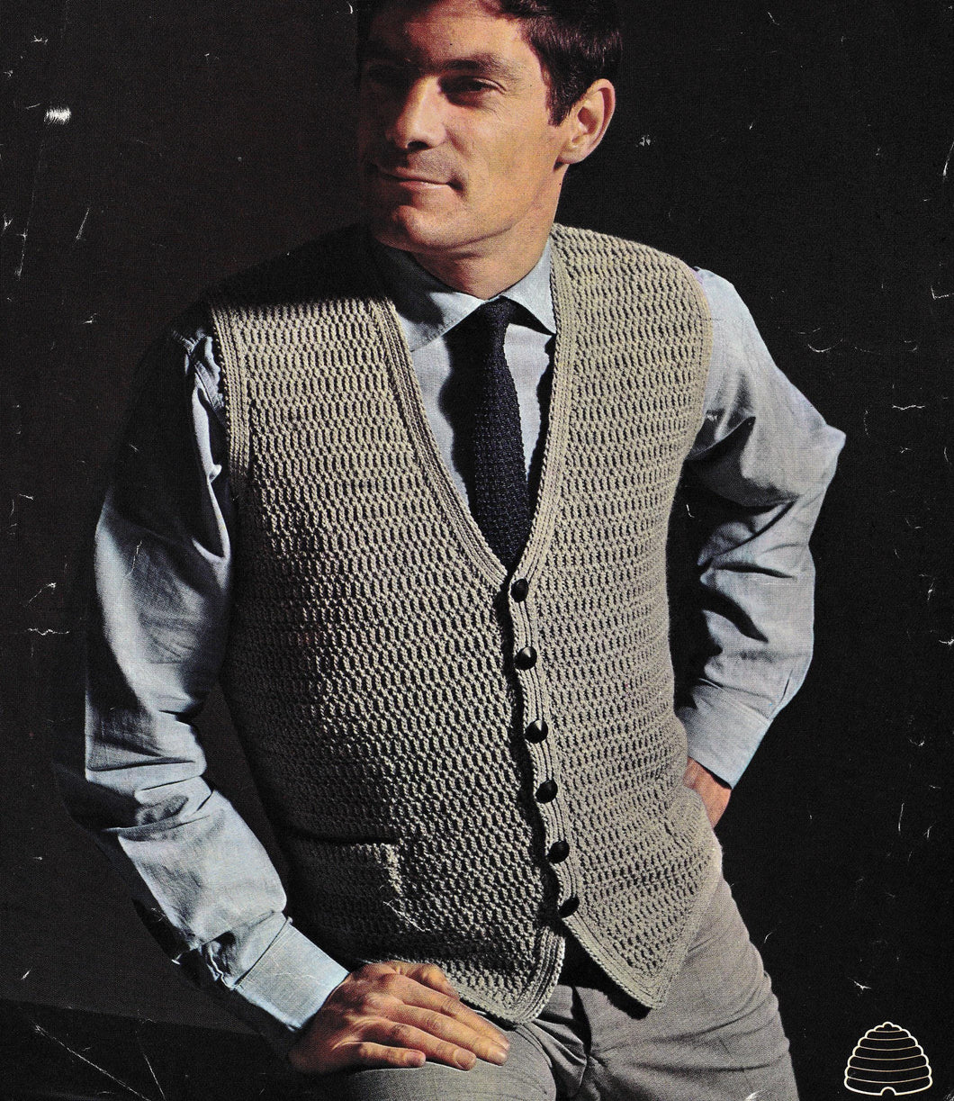 Stylish Gents Mans waistcoat 4 ply wool, 6 button fasting, Broken rib pattern and edging Vintage knitting pattern PDF download