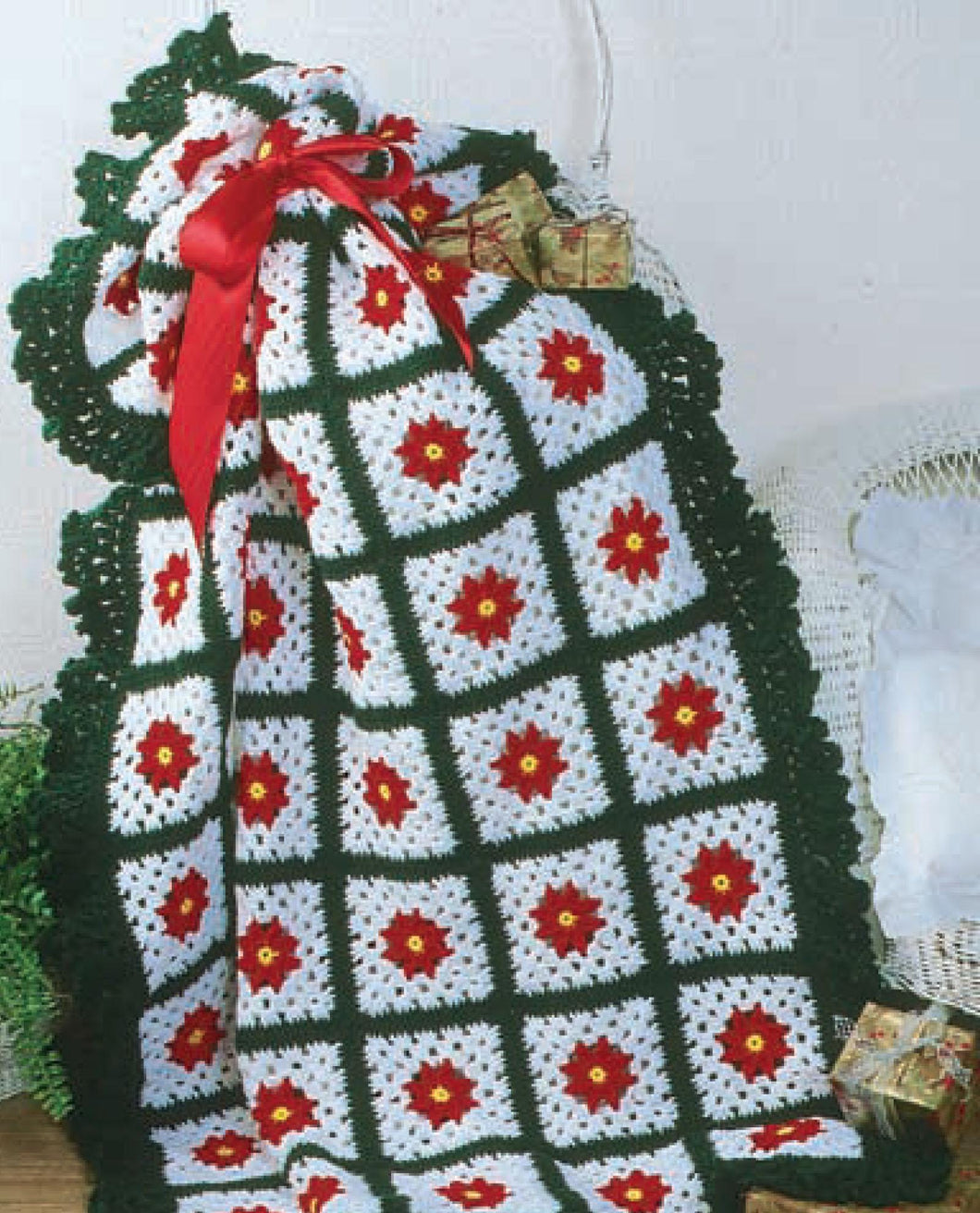 Poinsettia squares Christmas Afghan Crochet Pattern worsted weight wool measures 52 x65 when complete Download Crochet Pattern