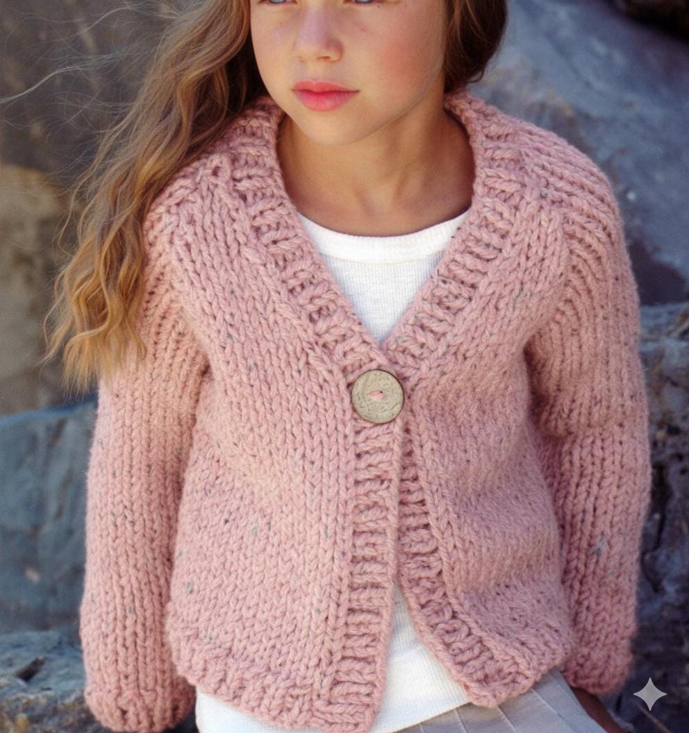 Girl's Super Chunky Easy V neck Cardigan- Quick Knit- 22