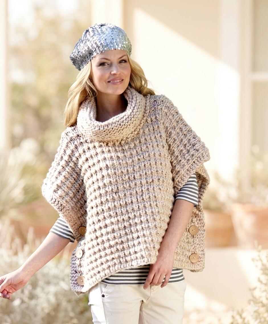 Womens Girls Easy Knit Beginners Super Chunky Cowl Neck Tabard-Poncho 14 Ply Super Bulky Age 4 - Adult 24 -48