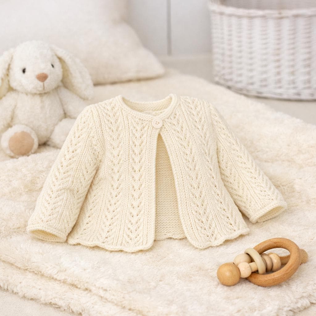 Baby Girl's Eyelet lacy  garter stitch edge cardigans Long short sleeves- fits 16 - 26