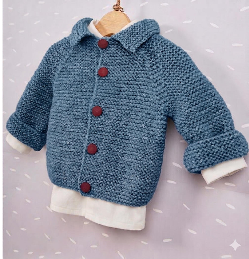 Simple easy Beginners Raglan Cardigan- Jacket with collar-  New baby -6 months, Garter stitch Knitting pattern Download PDF DK 8 PLY Yarn