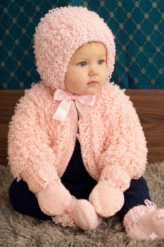 Baby Easy Loopy Cardigan- Jacket~ Bootees Mitts & Hat  to knit in DK 8Ply Light Worsted  18