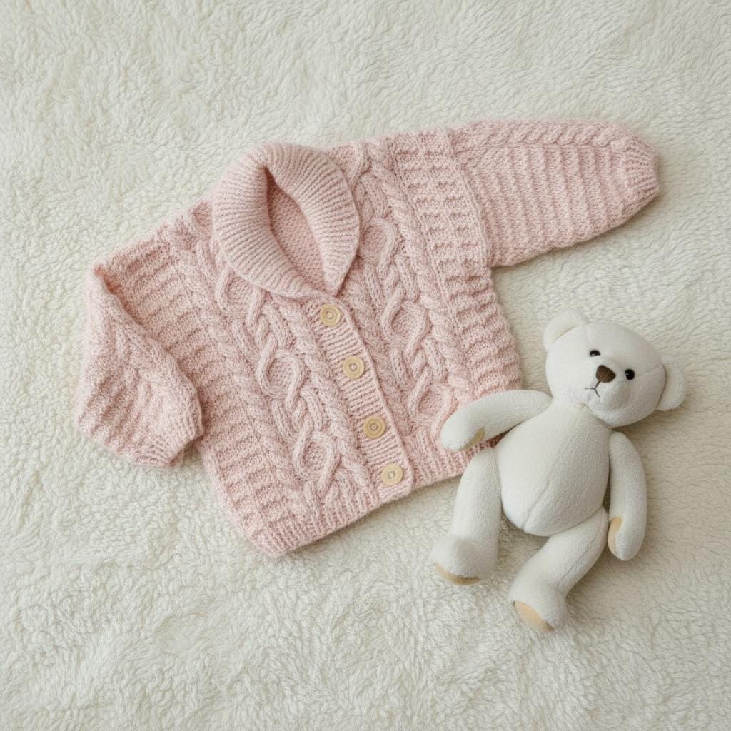 Aran Cable Knit Cardigan Knitting Pattern – Baby Toddler Shawl Collar (PDF Download)