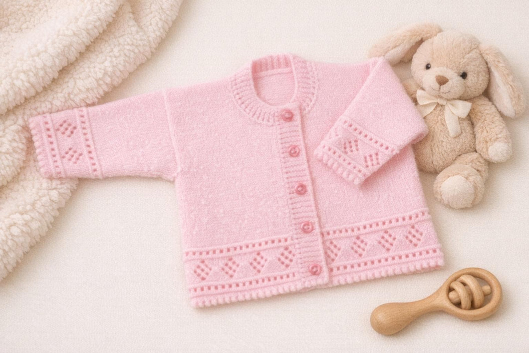 Baby Classic  round and V neck Cardigans- Diamond borders- 4ply- Knitting pattern - fits 16 - 22