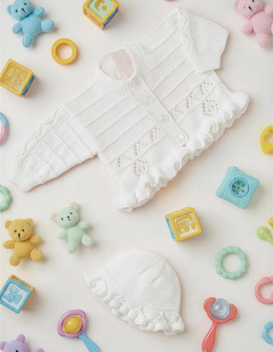 Baby Girls Diamond border Cardigan with frilled border-& Matching hat -3 Ply Fingering wool Prem size 12