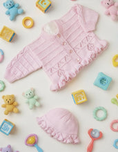 Baby Girls Diamond border Cardigan with frilled border-& Matching hat -3 Ply Fingering wool Prem size 12"- 20" Knitting pattern download pdf