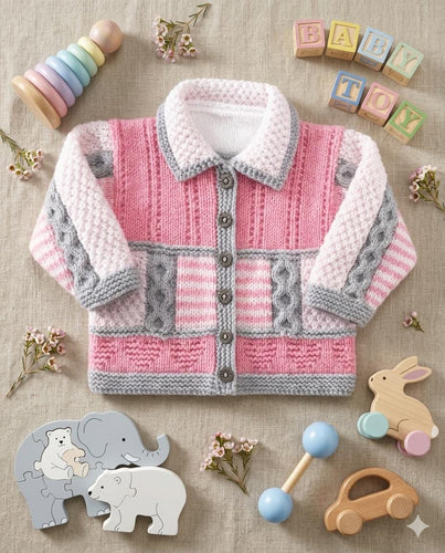Baby Textured Cardigan with collar  Boys Girls Toddler DK ( 8PLY ) Yarn Fits 16