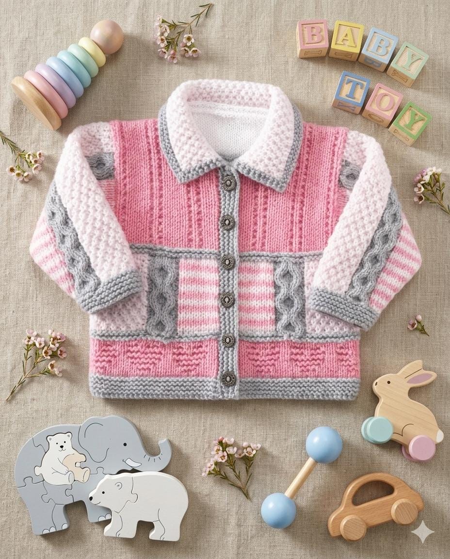 Baby Textured Cardigan with collar  Boys Girls Toddler DK ( 8PLY ) Yarn Fits 16