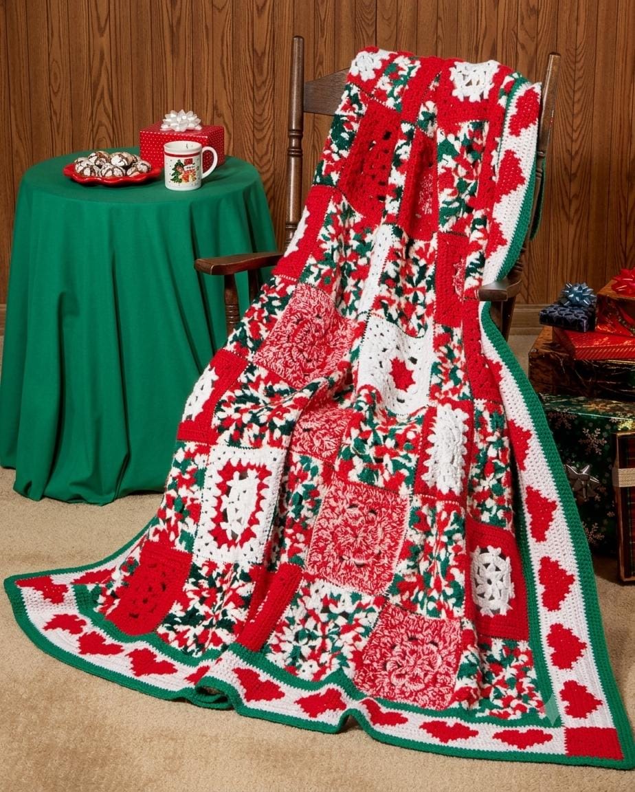 Crochet Christmas Afghan Blanket-Crochet in squares and Join-4 ply Fingering yarn- use up those odd balls- US Crochet Pattern download PDF